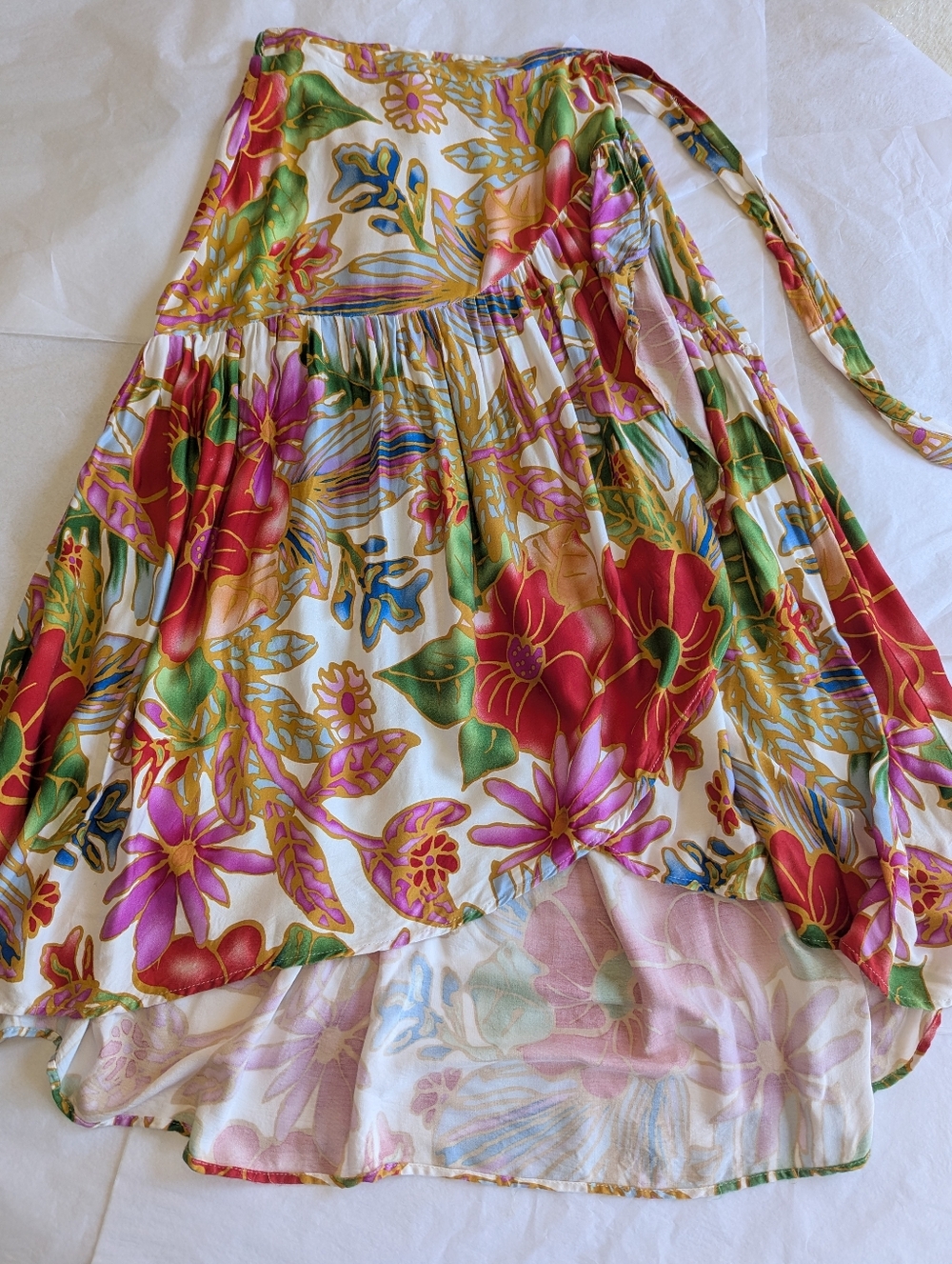Cynthia Rowley Long Wrap Side Tie Skirt Bright Florals High Low Tiered Hem Small